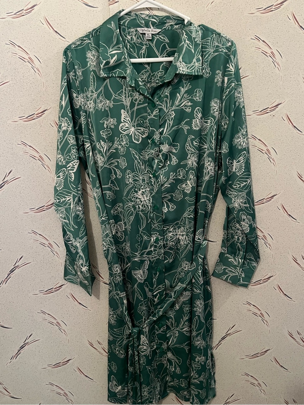 Ophelia Roe XL Silky Green Botanical Butterfly Shirt Dress Tie Waist